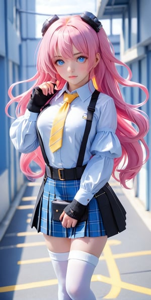 (masterpiece, best quality), 1girl,  hoshino, pink hair, long hair, hair between eyes, ahoge, yellow eyes, blue eyes, heterochromia, halo,collared shirt, puffy sleeves, blue necktie, chest harness, shoulder strap, black skirt, pleated skirt, plaid skirt, fingerless gloves, white socks, black shoes