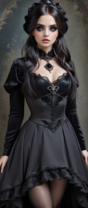 Woman from the 1800s, dressed up in dark gothic dress, full body photo, fierce eyes, jewellery, dark athmosphere