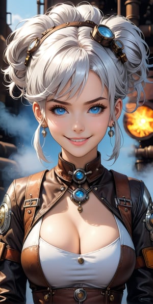 illustration, (anime coloring:1.1), (masterpiece:1.2), (best quality:1.2), newest, intricate details, ai-generated, 1girl, solo, camellya, white hair, twintails, hair ornament, blue eyes, jewelry, earrings, smile, blush, narrow shoulders, brown, silver, line art, thick outline, pop art, mechanic, leather bodyclothes, leather jumpsuit, gear, industrial background, steam-powered, steampunk, (steam:1.2), sagging breasts, mature female, closed mouth, slim, slender, 