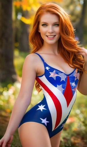 (((Ultra detailed, beautiful face, Megapixel))) A vivacious and patriotic young woman, with ((fiery, shoulder-length red hair)), exudes enthusiasm and energy as she traverses on her hands and feet, celebrating the USA with every move. Her eyes, a warm and inviting shade of ((hazel)), mirror the colors of autumn leaves. Her athletic and toned body, adorned with vibrant face paint resembling the USA flag, showcases her dedication to the country she loves. Dressed in a dynamic bodysuit, the fabric features an artistic rendition of the USA flag in a mosaic style, with intricate details and patterns that pay homage to the nation's history and culture. The bodysuit's flexible material allows her to move with ease and grace as she walks on her hands and feet. On her hands, she wears red, white, and blue wristbands, while her feet are adorned with matching anklets, symbolizing her unwavering commitment to the USA. In the background, the majestic landscapes of the United States create a breathtaking scene, capturing the essence of the country's beauty and diversity.,woman