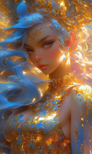 splash art, a close up liquid luminous lady made of colors, golden, white pastel blue silver, filigree, filigree detailed, color drops, coloe waves, splash style of colorful paint, hyperdetailed intricately detailed, unreal engine, fantastical, intricate detail, splash screen, complementary colors, fantasy, concept art, 8k resolution, deviantart masterpiece, oil painting, heavy strokes, paint dripping, splash arts, fantasy art, by Yanjun Cheng, guweiz, by atey ghailan, Greg Rutkowski, greg tocchini, Sakimichan, Bowater, artgerm, wlop. concept art, centered composition perfect composition, centered, intricated pose, intricated