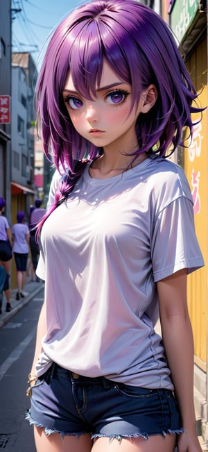 Disgruntled girl purple hair street girly clothes simple face, Strong and vibrant colors k,Extremely Realistic,(anime)