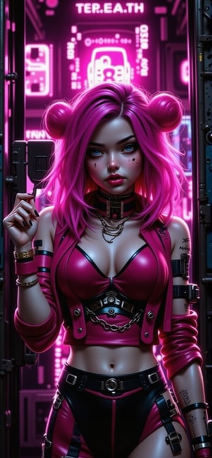 woman with pink hair and a pink wig, Guweiz style artworks, dreamy cyberpunk girl, cyberpunk art style, cyberpunk anime girl, Anime Art Cyberpunk, (((alice in wonderland))) cyberpunk, Hyperrealistic cyberpunk style, Digital Cyberpunk - Arte Anime, cyberpunk style, girl with short pink hair, cyberpunk anime girly girl,FLUXCyberpunknime,REALNIME, QTGIRLREAL