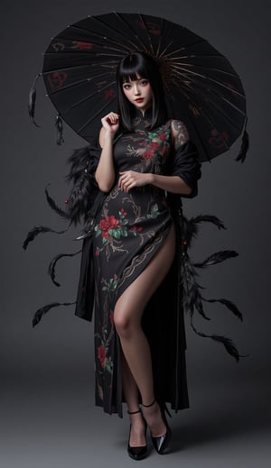 Beautiful Girl holding Chinese umbrella full body and with black Cheongsam, full body , sexy body and A lot of feather fell down., beautiful , girl , tattoo , Her face looks like an Asian girl , bangs, long hair ,straight hair,black hair, red lip , Cheongsam and high-heels, full effect ,Dark tones , 3D rendering, UHD , Detailed images, SamuraiArt,aidmaMJ6.1