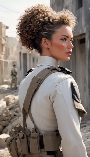 A soldier wearing a tight-fitting, form-accentuating uniform, stands in a war-torn setting with grit and determination in her eyes. (((( flat twists updo hair style white))) Her military gear is customized with strategic cuts and straps to create a unique look.