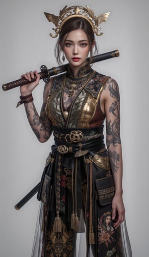 arafed woman holding a sword in her hand and a tattoo on her arm, she is holding a katana sword, holding a sword on her shoulder, she is holding a sword, a beautiful woman warrior, female samurai, warrior woman, beautiful female warrior, oriental tattoos, warrior girl, katana, portrait shot, portrait of a woman warrior, beautiful oriental woman , SamuraiArt,aidmaMJ6.1