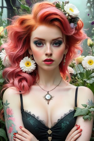 portrait of Victorian 80s punk woman with red hair, a splash of pastel colors, plants, and flowers, Tom Bagshaw,