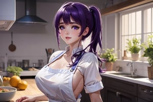 (Masterpiece), expressive eyes, ((ultra-detailed)), (illustration), (detailed light), An extremely delicate and beautiful girl (wearing long white apron), beautiful face, shy smile, medium boobs, rear view, bend over, in the kitchen, dark violet hair pony tail, blush, back to viewer













niji6