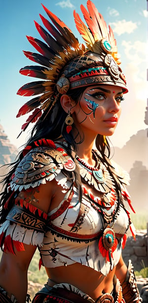 cinematic photography,(full closeup portrait:1.5), (a warrior wearing an aztec headpiece,  voloptuouse body), a ruin battlefield background,field,sunshine rays backlighting,(masterpiece:1.2),intricate,(best quality, extremely detailed:1.5), thick volumetric [soft neon glow|black] fog,soft volumetric moonlight,realistic ambient (best image,best quality:1.5),(best render:1.5), unreal engine, shallow focus, depth of field, (eye and lip highlights:1.5),(high constrast),(realistic textures),(realistic expression)