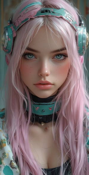 a close-up shot of a woman with long, light pink hair is adorned with a pair of goggles on her head. Her eyes are blue, and her lips are painted a pale pink. Her hair is cascading over her shoulders, framing her face. She is wearing a black and teal necklace around her neck, adding a touch of contrast to her outfit. The background is blurred, creating a stark contrast to the woman's outfit.,illustr3alFlux,ILLUSTRANIME,REALNIME