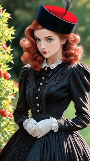 araffe dressed in a black dress and red hat poses for a picture, wearing black old dress and hat, wearing a french beret, dressed like in the 1940s, victorian style costume, french girl, with curly red hair, in a red victorian era dress, wearing black dress and hat, with victorian clothing, wearing a beret, victorian inspired clothing