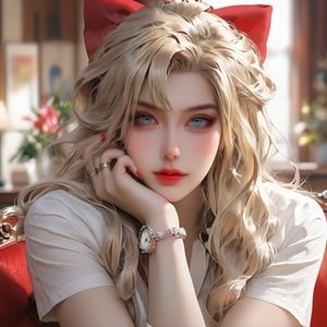 1girl, solo, long hair, looking at viewer, blue eyes, blonde hair, shirt, bow, jewelry, closed mouth, white shirt, upper body, short sleeves, hair bow, indoors, nail polish, blurry, red bow, lips, eyelashes, tattoo, makeup, blurry background, ring, red nails, watch, head rest, wristwatch, hands on own face, reference inset, photo inset