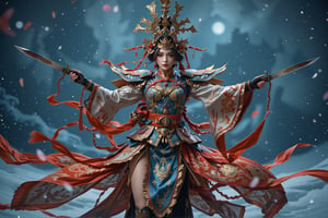 A Chinese girl in traditional Chinese dress dances a Samurai sword in the snow, full body,insane detail, intricate detail, beautifully graded colors, Unreal Engine 5, Cinematic, Color grading, Editorial photography, Photography, Photoshoot, Depth of field, DOF, Speed shutter speed 1/ 1000, F/ 22, White Balance, 32k, SuperRes, Megapixel, ProPhoto RGB, VR, Lonely, Good, Massive, Semi - Backlighting, Backlighting, Natural Lighting, Incandescent, Moody Lighting, Lighting Cinematic, Studio Lighting, Soft Lighting, Volumetric, Contre - Jour, Beautiful Lighting, Accent Lighting, Global Illumination, Screen Space Global Illumination, shadows, shimmering, ray tracing reflections, lumen reflections, screen space reflection Ion s, Diffraction Grading, Chromatic Aberration, GB Displacement, Scan Lines, Ray Tracing, Ray Tracing Ambient Occlusion, CGI, VFX, SFX, 8k, photography, wow, hellfire, ultra - realistic character inspired by Hua Mulant, with the character depicted in a upper waist pose, with confident facial expression, sheis wearing a full set of intricately cloth armor adorned with jewels and intricate engravings. The armor should reflect the true face of magic powers. The final image should be a fully rendered, ultra - realistic 8k resolution, upper waist angle,8k, SamuraiArt
