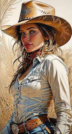 Wild West Cowgirl by Aaron Horkey, sun-bleached realism, etched complexity, midday clarity, ultra-detailed