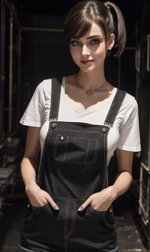 white female, (((overalls))), (((black overalls))), (dark overalls), (black pants), ((white undershirt)), (red hair), (short hair), (side ponytail), (34d cups), ((short woman)) beautiful eyes, large eyelashes, ((1girl)), anatomically correct, defined face, precise correct anatomy, full body, dynamic pose, uniform, centered, symmetrical, golden colour, ancient. dark eyes, smiling, ominous, fashion photo shoot
