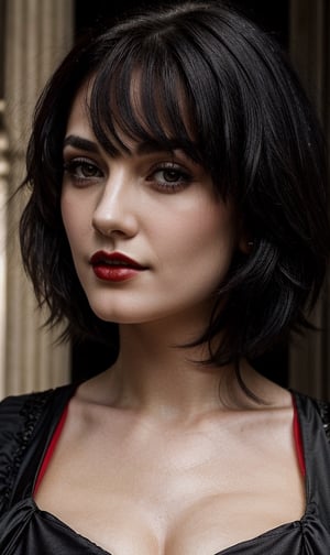 Close up of a beautiful girl in her 20s with a gothic style, black outfit, red lipstick, short black hair, face close up, soft light, Mysterious
