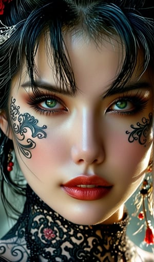 a close up of a woman with tattoos on her face, anime fantasy artwork, mysterious gaze, stunning render, villainess, grasping intricate filigree, black scars on her face, unusually unique beauty, inspired by Mark Brooks, by Zeen Chin, visible eyes, anthropomorphic female cat, royo, skilled geisha of the japanese, fractal skin,goth person