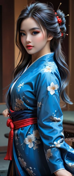 Girl with blue kimono geisha long hair intricate, Elegant, highly detailed, digital painting, splash art