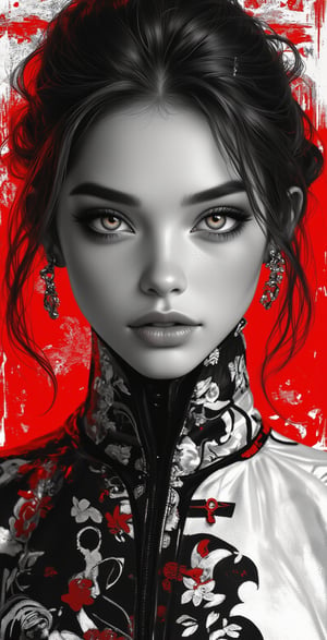 an illustration of a woman in black and white, in the style of red, mario testino, serene faces, effortlessly chic, blink-and-you-miss-it detail, chris labrooy, xu beihong,illustr3alFlux,ILLUSTRANIME,REALNIME