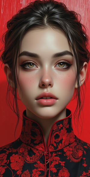 an illustration of a woman in black and white, in the style of red, mario testino, serene faces, effortlessly chic, blink-and-you-miss-it detail, chris labrooy, xu beihong,illustr3alFlux,ILLUSTRANIME,REALNIME