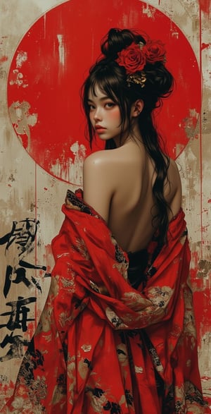 poster art. stunning beauty japanese woman. Girl poses looking back. ink, abstract, punk collage, (random textures, random graffiti, kanji characters, glitch effect:1.2). surrealism, Expressionism. Impermanence. (intricate details, masterpiece, best quality:1.1). full  body, red and black color palette. soft lighting. by Franz Marc and Max Ernst. lyh_niji.,illustr3alFlux,ILLUSTRANIME,REALNIME