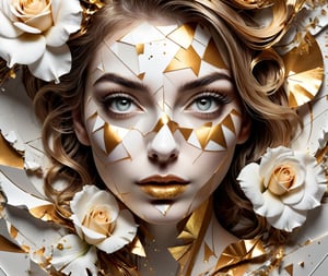 Ultra detailed artistic abstract photography of woman's face (geometrical), golden, white roses, detailed symmetric circular iris, shattered paper fragments, inspired by Alberto Seveso, abstract art style, intricate complex watercolor painting, sharp eyes, digital painting, color explosion, ink drip, mix gold and white colors, Concept art, volumetric lighting, metallic reflections, 8k, concept photography
