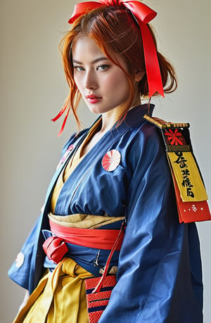 1girl,dressed in samurai-style armor, She wears traditional Japanese armor reminiscent of a samurai,Blue coat, yellow hakama ,The design blends elegance with strength, portraying her as a warrior princess,(Large red head ribbon), Adorning her head is with a faintly red ribbon tied, shining brightly, warrior samurai, score_9