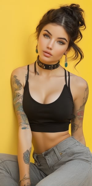 1girl, solo, breasts, looking at viewer, black hair, navel, bare shoulders, jewelry, medium breasts, sitting, multicolored hair, earrings, sleeveless, choker, midriff, pants, medium hair, two-tone hair, lips, crop top, tattoo, makeup, abs, yellow background, eyeshadow, hoop earrings, arm tattoo