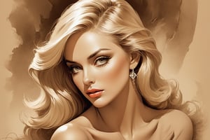 Beautiful blonde woman in the style of Boris Vallejo, in sepia tones, a pencil drawing portrait with brush strokes, soft lighting, a full body with her head resting on her hands, a romantic and mysterious atmosphere, a vintage and classic beauty in an elegant pose with a detailed facial expression.

























,Comic Book-Style 2d,Flat vector art
