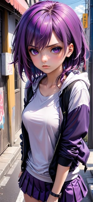 Disgruntled girl purple hair street girly clothes simple face, Strong and vibrant colors k,Extremely Realistic,(anime)