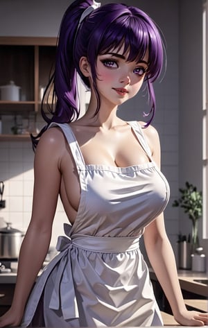 (Masterpiece), expressive eyes, ((ultra-detailed)), (illustration), (detailed light), An extremely delicate and beautiful girl (wearing long white apron), beautiful face, shy smile, medium boobs, rear view, bend over, in the kitchen, dark violet hair pony tail, blush, back to viewer













niji6