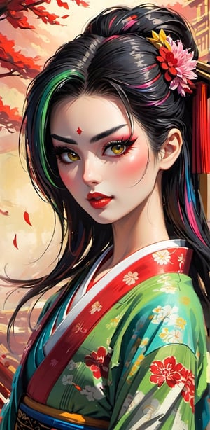 a female geisha, rogue woman, close-up, cinematic shot, graphic novel cover page, oil pastels, oil paint, doujinshi