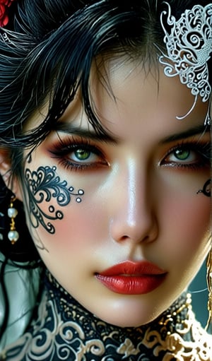 a close up of a woman with tattoos on her face, anime fantasy artwork, mysterious gaze, stunning render, villainess, grasping intricate filigree, black scars on her face, unusually unique beauty, inspired by Mark Brooks, by Zeen Chin, visible eyes, anthropomorphic female cat, royo, skilled geisha of the japanese, fractal skin,goth person