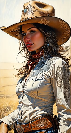 Wild West Cowgirl by Aaron Horkey, sun-bleached realism, etched complexity, midday clarity, ultra-detailed