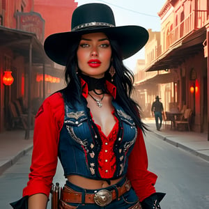 Female gunslinger in red, black cowboy attire, black hat, glancing back, cropped top, denim, strolling down dust-laden streets of Dodge City, waist-up portrait, black tresses illuminated by dim volumetric lighting, homage to Artgerm, Greg Rutkowski, and Alphonse Mucha, 8K octane rendering, post-production enhancements, exquisitely intricate details, epic composition, cinematic illumination, breathtaking surreal masterpiece