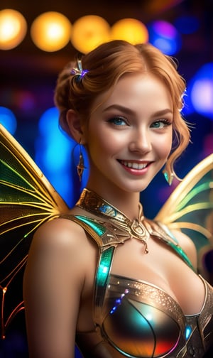 ((RAW, analog style)), ((film grain, skin details, high detailed skin texture, 8k hdr, dslr)), Pale ginger-hair Tiefling, bat wings, bioluminescent, fantasy, global illumination, real hair movement fairy dress clinging loosely to her slender figure, ample cleavage, slight blush, fair skin, demure smile, excited eyes, playful pose, silver hoop earrings, vibrant nightclub scene, vibrant neon lights, friends cheering on, perfect body, perfect eyes, gorgeous face, symmetrical, beautiful, elegant, powerful, masterpiece, intricate, volumetric lighting, highly detailed, sharp focus, no cropping, digital photo shot on a Leica M6 with Leica 75mm F1.25 Noctilux lens