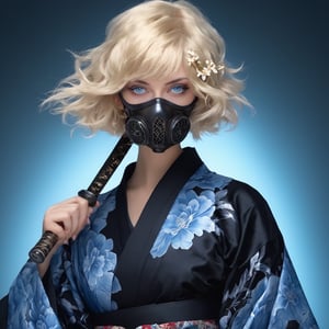 1girl, solo, looking at viewer,((( short hair, bangs, blue eyes, blonde hair, hair ornament, holding, collarbone, upper body, weapon, flower, japanese clothes, sword, hair flower, kimono, holding weapon, sash, eyelashes, tattoo, mask, holding sword, obi, floral print, katana, sheath, skull, black kimono, over shoulder, weapon over shoulder, gas mask))))