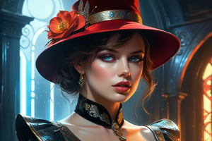 Victorian Stylish Fashion, Lady Spy, Capeline Elegant hat, golden petals, red and black lace, velvet, silk, volumetric lighting, dark background, aura, delicate face, intense expression, perfect eyes, perfect mouth, perfect nose, delicate lace, translucent dancing texture, 16k, sharp focus, emitting diodes, smoke, artillery, sparks, racks, system unit, motherboard, by pascal blanche rutkowski repin artstation hyperrealism painting concept art of detailed character design matte painting, 4 k resolution blade runner, Broken Glass effect, no background, stunning, something that even doesn't exist, mythical, in saroj sahu style, Contententismbeing, energy, molecular, textures, iridescent and luminescent scales, breathtaking beauty, pure perfection, divine presence, unforgettable, impressive, breathtaking beauty, Volumetric light, auras, rays, vivid colors reflects, professional ominous concept art, by artgerm and greg rutkowski, an intricate, elegant, highly detailed digital painting, concept art, smooth, sharp focus, illustration, in the style of simon stalenhag, wayne barlowe, and igor kieryluk.
,Realistic