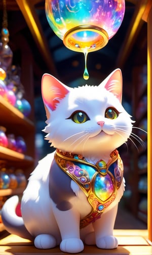 Colourful Cute curvaceous neko fantasy alchemy vendor inside a magical item shop vivid colour god rays ray tracing glowing light iridescent intricate highres highly detailed, dripping paint