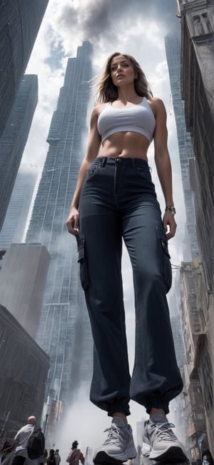 "A towering Giantess in a cool and laid-back hippie style is rocking a crop top and baggy pants. Her toned and athletic build hints at her massive strength. She seems to be casually strolling through the bustling cityscape of GTS City, as towering buildings loom overhead. Smoke and clouds roil around her, adding to the sense of epic scale and drama. The lighting is dark, gloomy, and realistic, creating a tense and ominous atmosphere. The perspective is from below, emphasizing the sheer majesty and power of the Giantess."