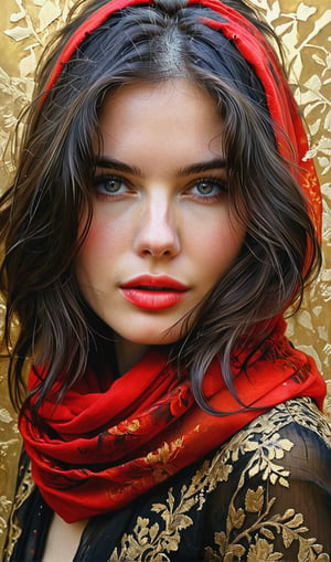 breathtaking portrait of a gorgeous girl, sultry, red scarf, dark gold and black, gossamer fabrics, jagged edges, eye-catching detail, insanely intricate, vibrant light and shadow, beauty, paintings on panel, textured background, captivating, stencil art, style of oil painting, modern ink, watercolor, brush strokes, negative white space