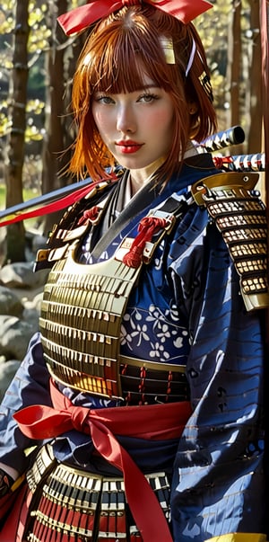1girl,dressed in samurai-style armor, She wears traditional Japanese armor reminiscent of a samurai,Blue coat, yellow hakama ,The design blends elegance with strength, portraying her as a warrior princess,(Large red head ribbon), Adorning her head is with a faintly red ribbon tied, shining brightly, warrior samurai, score_9