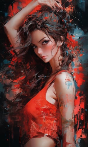 Ultra realistic poster featuring Nami from One Piece enveloped by a red matrix backdrop, inspired by the artistic styles of Daniel Castan, Carne Griffiths, Andreas Lie, Russ Mills, and Leonid Afremov, set against a dark background, infused with a cinematic quality, high detail, digital painting.