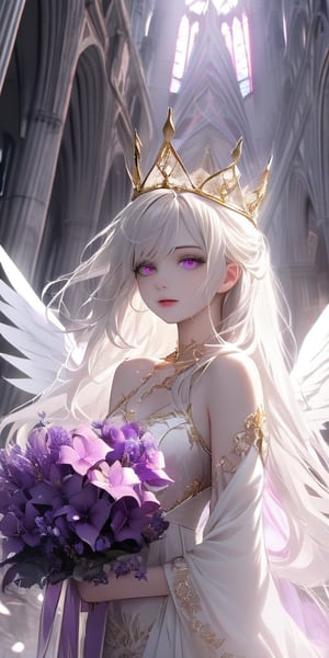 A beautiful young woman with pale skin, white hair, and striking pink eyes, adorned with a golden crown and ethereal white wings. She wears an intricate white dress with gold embellishments and purple floral accents, holding a bouquet of vibrant purple flowers. The background features a majestic ruined cathedral with soft lighting, enhancing the ethereal and otherworldly atmosphere.