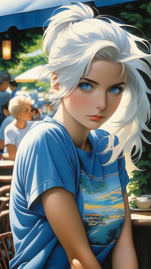 ponytail, white hair, blue eyes, t-shirt, standing, Sleeping, Fair skin, outdoors, cafe, looking at viewer, 1990s (style)