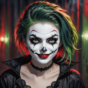 Best quality,Ultra-detailed,Realistic,Portrait,Artistic, Vibrant colors, Detailed facial features, Manic expression, Green hair, Red lipstick, Sinister smile, white face paint, eerie lights, Gothic background