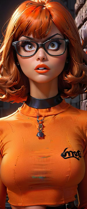 velma from scooby-doo, very sultry look, so hot girl, beautiful charismatic girl, so hot shot, showing piercing, athletic body, a woman wearing eye glasses and an orange top, gorgeous figure, full body shot, goth style mood, dark eye makeup, in the style of jessica drossin, life-size figures




,Comic Book-Style,3D,3d