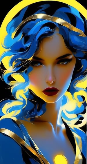 a blue girl with gold angel halo head, in the style of neon realism, darkly romantic illustrations, dark white and yellow, solapunk, i can't believe how beautiful this is, simplistic cartoon, brooding mood 