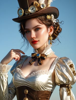 (((A stunning sexy woman in steampunk))) A striking steampunk goddess adorned in intricate gears and cogs 🕰️
Her top hat, embellished with vintage timepieces, commands attention Lace sleeves and a corset with metallic details accentuate her powerful presence 🖤 Golden chains and keys add a touch of mechanical elegance, completing the look 🔑
Eyes that pierce through the Victorian haze, exuding strength and mystery 👁️
