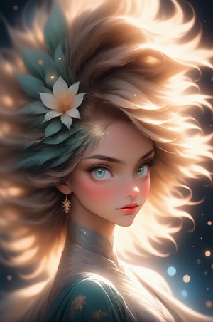 beautiful woman, freckles on cheeks, dark sparkling green-blue eyes , waist length flowing silky light brown hair with blonde highlights,  fuller figure, misty moonlight, Create an elegant profile picture with a floral pattern and soft pastel colors 






















,Comic Book Style 2d,Flat vector art,Leonardo,Leonardo Style